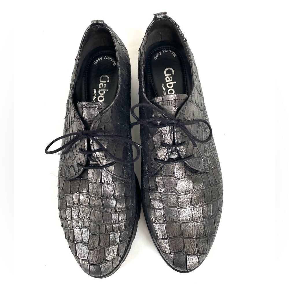 Gabor Kronos Helen Pewter Metallic Shoes Leather Oxford Lace Up Crocodile 7